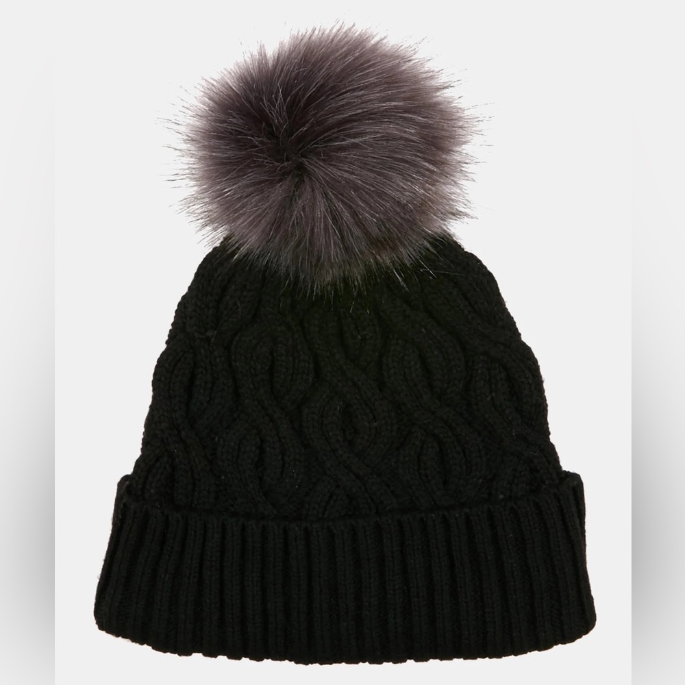 Echo Black Cable Knit Pom Pom Beanie Hat NEW with TAGS Scandi Girl Alpine Chic